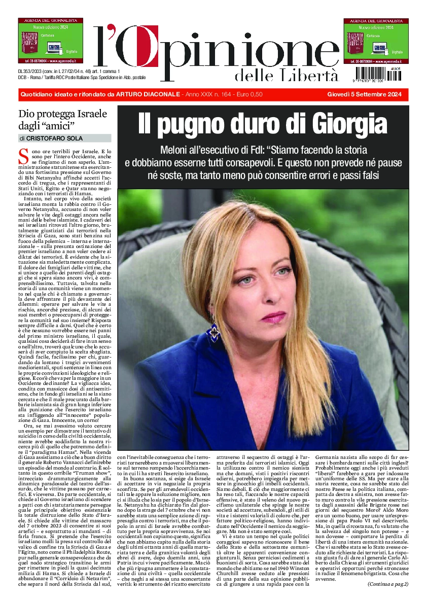 Prima-pagina-opinione della liberta-edizione-di-oggi-2024-09-05